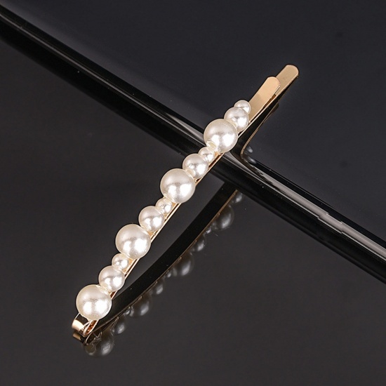 Picture of Zinc Based Alloy & Acrylic Hair Clips Gold Plated White Imitation Pearl 9.5cm, 1 Piece
