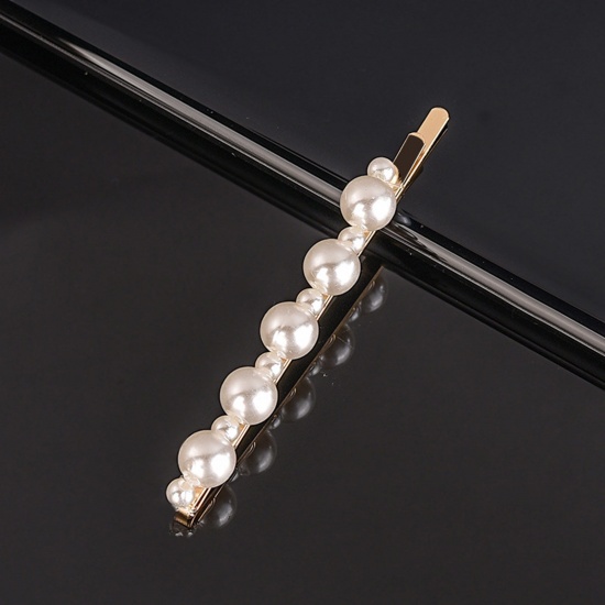 亜鉛合金+アクリル ヘアクリップ ヘアアクセサリー 金メッキ 白 真珠 パール模造 9.5cm、 1 個 の画像