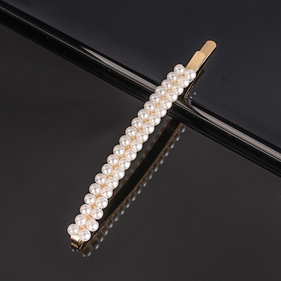 亜鉛合金+アクリル ヘアクリップ ヘアアクセサリー 金メッキ 白 真珠 パール模造 9.5cm、 1 個 の画像