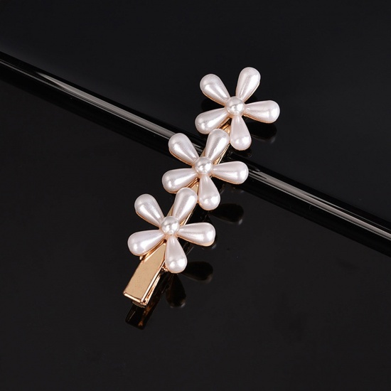Picture of Zinc Based Alloy & Acrylic Hair Clips Gold Plated White Plum Blossom Imitation Pearl 9.5cm, 1 Piece
