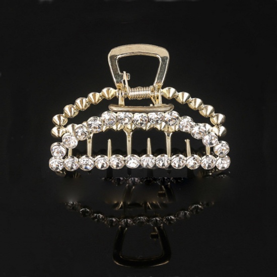 Picture of Zinc Based Alloy Hair Clips Gold Plated Half Moon Clear Rhinestone 7.7cm, 1 Piece