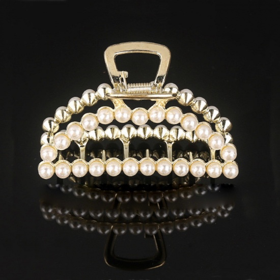 Picture of Zinc Based Alloy & Acrylic Hair Clips Gold Plated White Half Moon Imitation Pearl 7.7cm, 1 Piece