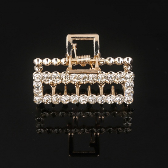 Picture of Zinc Based Alloy Hair Clips Gold Plated Rectangle Clear Rhinestone 5cm, 1 Piece