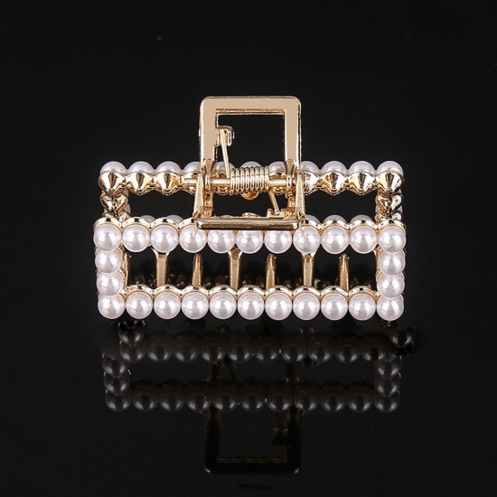 Picture of Zinc Based Alloy & Acrylic Hair Clips Gold Plated White Rectangle Imitation Pearl 5cm, 1 Piece