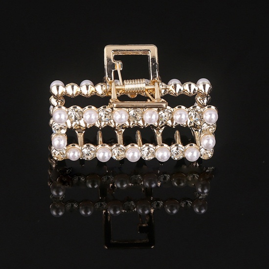 Picture of Zinc Based Alloy & Acrylic Hair Clips Gold Plated White Rectangle Clear Rhinestone Imitation Pearl 5cm, 1 Piece