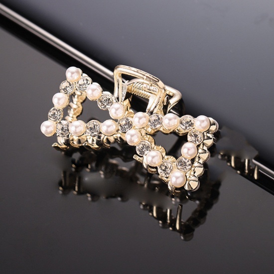 Picture of Zinc Based Alloy & Acrylic Hair Clips Gold Plated White Bowknot Clear Rhinestone Imitation Pearl 5cm, 1 Piece