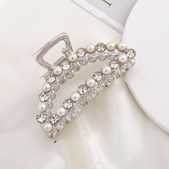 Picture of Zinc Based Alloy & Acrylic Hair Clips Silver Tone White Half Moon Clear Rhinestone Imitation Pearl 7.7cm, 1 Piece