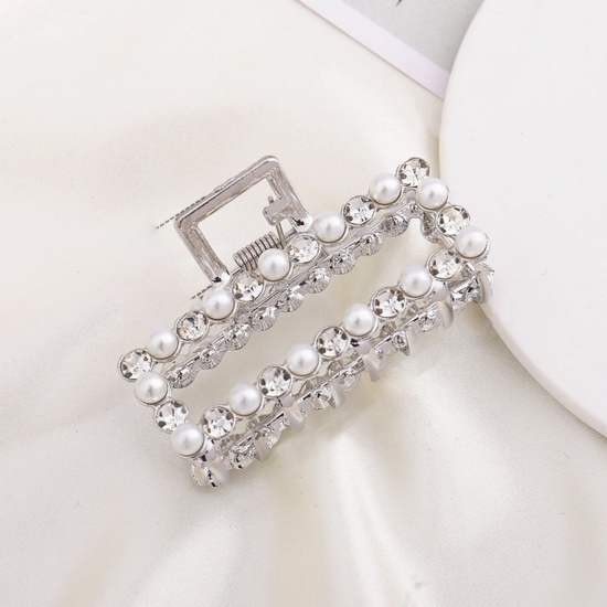 Picture of Zinc Based Alloy & Acrylic Hair Clips Silver Tone White Rectangle Clear Rhinestone Imitation Pearl 7cm, 1 Piece