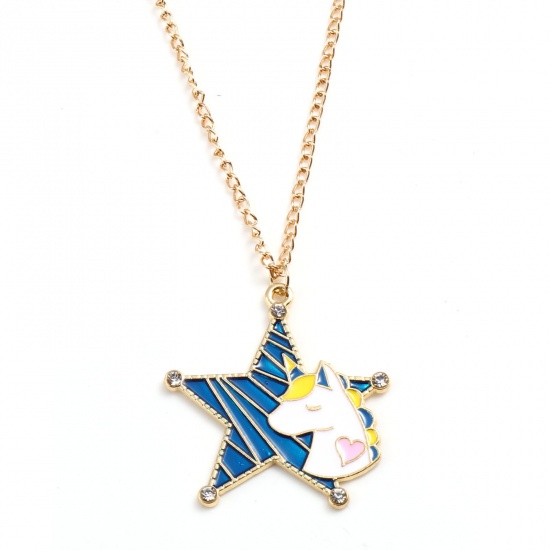 Picture of Necklace Gold Plated White & Dark Blue Star Horse Clear Rhinestone Enamel 45.5cm - 45cm long, 1 Piece