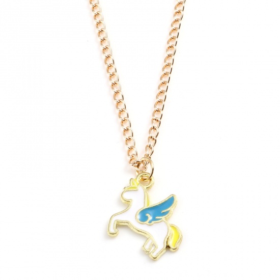 Picture of Necklace Gold Plated White & Blue Horse Animal Wing Enamel 45.5cm - 45cm long, 1 Piece