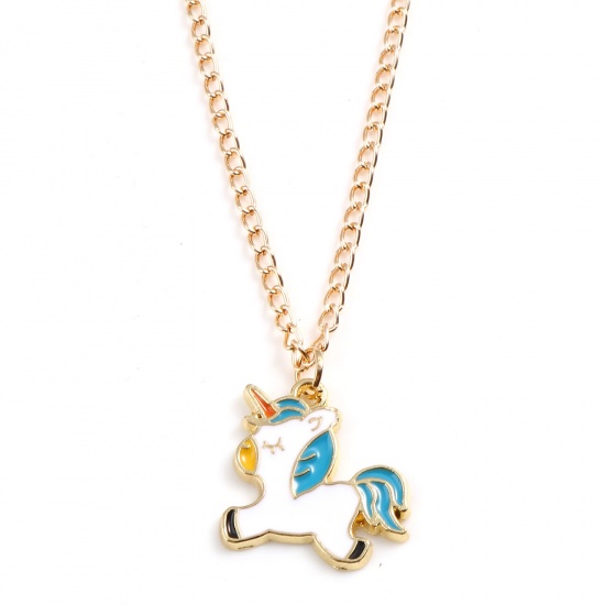 Picture of Necklace Gold Plated White & Blue Horse Animal Enamel 45.5cm - 45cm long, 1 Piece
