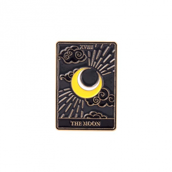 Image de Broche Epingle en Alliage de Zinc Tarot Rectangle Lune Message " THE MOON " Noir & Jaune Émail 30mm x 21mm, 1 Pièce