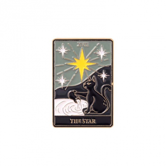 Image de Broche Epingle en Alliage de Zinc Tarot Rectangle Chats Message " THE STAR " Multicolore Émail 30mm x 21mm, 1 Pièce
