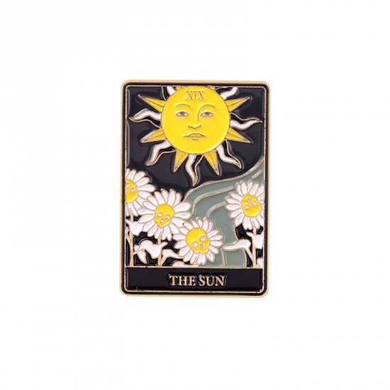 Image de Broche Epingle en Alliage de Zinc Tarot Rectangle Fleurs Message " THE SUN " Multicolore Émail 30mm x 21mm, 1 Pièce