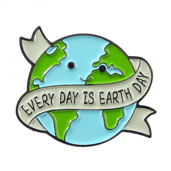 Picture of Zinc Based Alloy Environmental Protection Pin Brooches Planet Earth Round Message " EVERY DAY IS EARTH DAY " Blue & Green Enamel 27mm x 23mm, 1 Piece