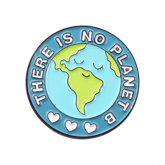 Image de Broche Epingle Protection Environnementale en Alliage de Zinc Planète Terre Rond Message " THERE IS NO PLANET " Bleu & Vert Émail 28mm Dia., 1 Pièce
