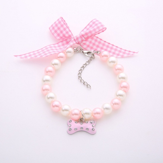 Picture of Acrylic Pet Collar Necklace Pink Bone Bowknot Imitation Pearl Clear Cubic Zirconia 25cm(9 7/8") long, 1 Piece