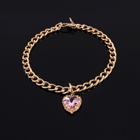 Picture of Zinc Based Alloy Pet Collar Necklace Gold Plated Heart Pink Cubic Zirconia 30cm(11 6/8") long, 1 Piece