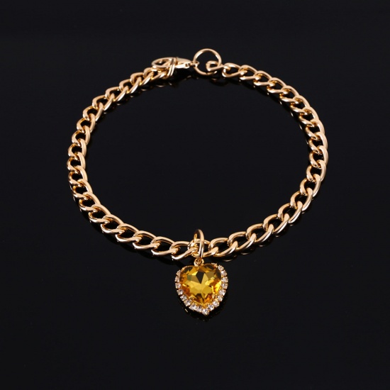 Picture of Zinc Based Alloy Pet Collar Necklace Gold Plated Heart Yellow Cubic Zirconia 30cm(11 6/8") long, 1 Piece