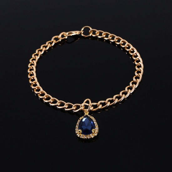 Picture of Pet Collar Necklace Gold Plated Drop Royal Blue Cubic Zirconia 20cm(7 7/8") long, 1 Piece