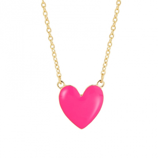 Picture of Cute Enamel Necklace Gold Plated Fuchsia Heart 40cm(15 6/8") long, 1 Piece