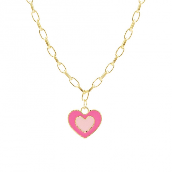 Picture of Cute Enamel Necklace Gold Plated Pink Heart 45cm(17 6/8") long, 1 Piece