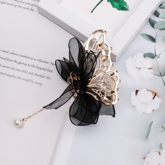 Picture of Zinc Based Alloy Hair Clips Black Butterfly Animal Bowknot Imitation Pearl 7.7cm, 1 Piece