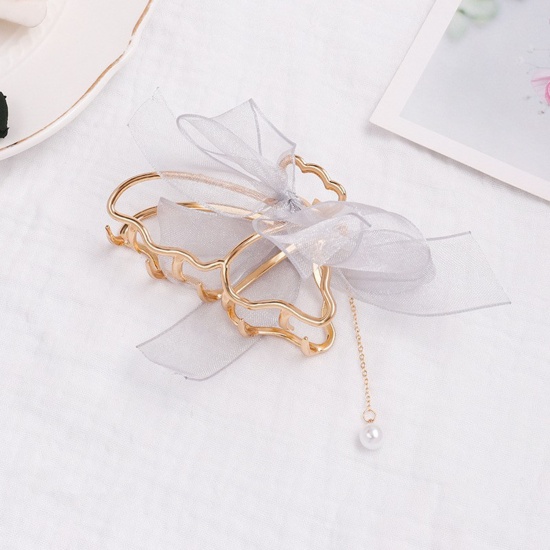 Picture of Zinc Based Alloy Hair Clips Silver-gray Butterfly Animal Bowknot Imitation Pearl 7.7cm, 1 Piece