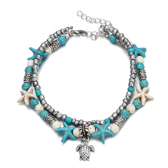 Picture of Zinc Based Alloy Boho Chic Bohemia Anklet Silver Color Sea Turtle Animal Star Fish Imitation Turquoise 23.5cm(9 2/8") long, 1 Piece