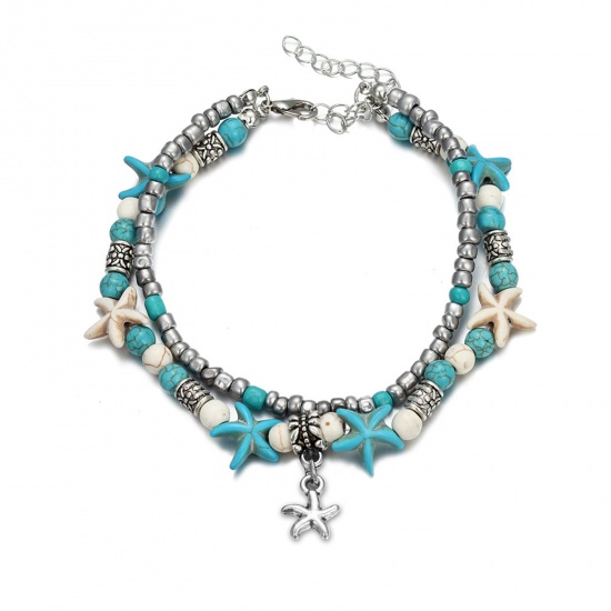 Picture of Zinc Based Alloy Boho Chic Bohemia Anklet Silver Color Star Fish Imitation Turquoise 23.5cm(9 2/8") long, 1 Piece