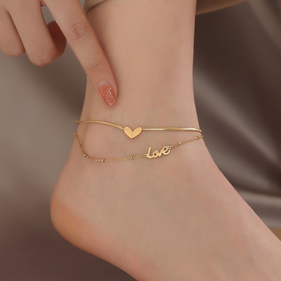 Bild von Titan Edelstahl Valentinstag Fußketten Vergoldet Herz Mehrschichtige 20cm lang, 1 Strang