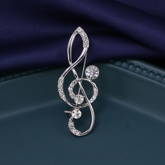 Picture of Copper Pin Brooches Musical Note Silver Plated Clear Rhinestone 5.6cm x 2cm, 1 Piece