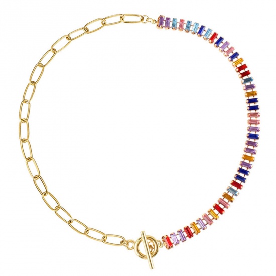 Picture of Fashion Necklace Gold Plated Link Chain Multicolor Rhinestone 43cm(16 7/8") long, 1 Piece