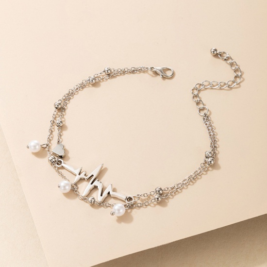 Picture of Boho Chic Bohemia Anklet Silver Plated Heartbeat/ Electrocardiogram Imitation Pearl 22cm(8 5/8") long, 1 Piece