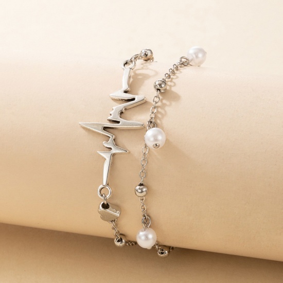 Picture of Boho Chic Bohemia Anklet Silver Plated Heartbeat/ Electrocardiogram Imitation Pearl 22cm(8 5/8") long, 1 Piece