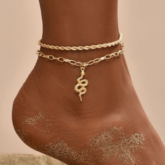 Picture of Boho Chic Bohemia Anklet Gold Plated Snake Animal 18cm(7 1/8") long, 1 Set ( 2 PCs/Set)