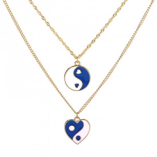 Picture of Religious Double Layer Necklace Gold Plated White & Blue Yin Yang Symbol Enamel 39.5cm(15 4/8") long, 1 Piece