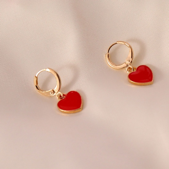 Picture of Ear Clips Earrings Gold Plated Red Heart Enamel 25mm x 10mm, 1 Pair