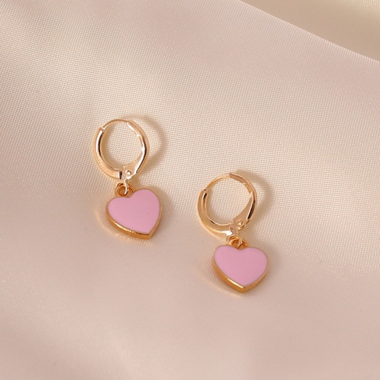 Picture of Ear Clips Earrings Gold Plated Light Pink Heart Enamel 25mm x 10mm, 1 Pair