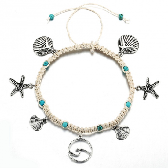 Picture of Wax Cord Boho Chic Bohemia Anklet White Shell Star Fish Adjustable 31cm(12 2/8") long, 1 Piece