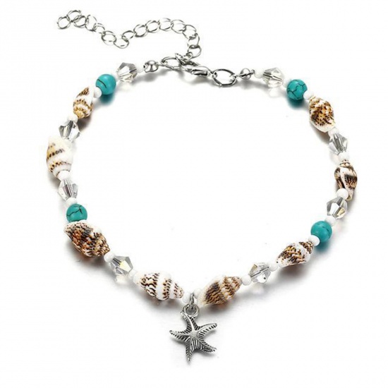Picture of Boho Chic Bohemia Anklet Silver Tone Natural Shell Star Fish 20cm(7 7/8") long, 1 Piece