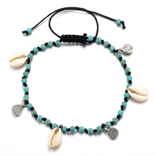Picture of Wax Cord Boho Chic Bohemia Anklet Green Shell Imitation Turquoise 31cm(12 2/8") long, 1 Piece
