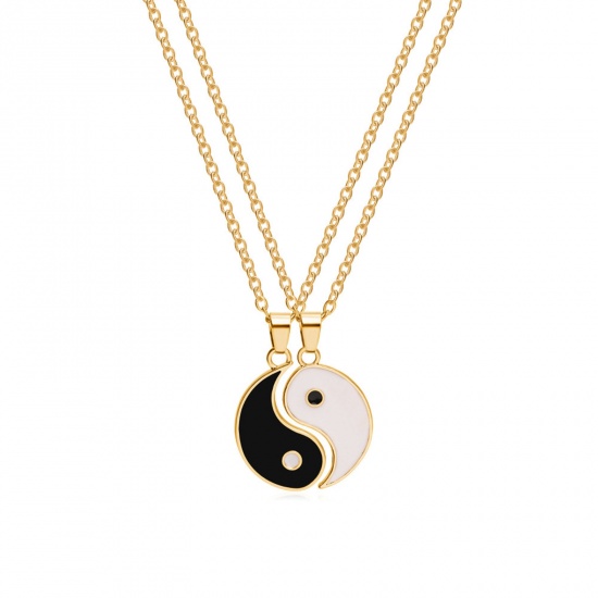 Bild von Religiös Halskette Vergoldet Schwarz & Weiß Yin Yang Symbol Emaille 50cm lang, 1 Stück 2 Stk./Set)
