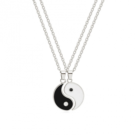 Bild von Religiös Halskette Silberfarbe Schwarz & Weiß Yin Yang Symbol Emaille 50cm lang, 1 Stück 2 Stk./Set)