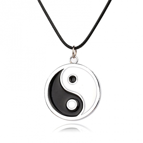 Bild von Religiös Halskette Silberfarbe Schwarz & Weiß Rund Yin Yang Symbol Emaille 50cm lang, 1 Stück