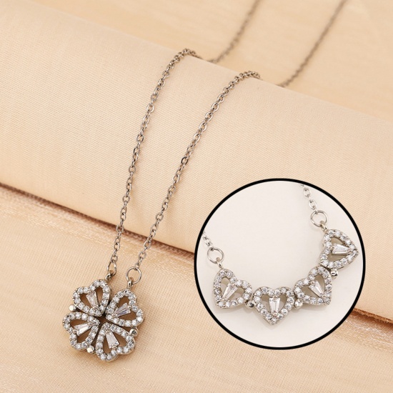 Picture of Micro Pave Necklace Silver Tone Heart Four Leaf Clover Clear Rhinestone Expandable 47cm(18 4/8") long, 1 Piece