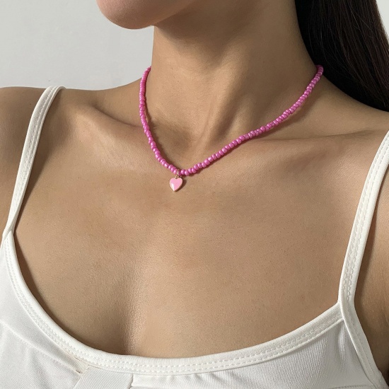 Immagine di Branelli del Seme San Valentino Collana di Perline Rosa Cuore Smalto 42cm Lunghezza, 1 Pz