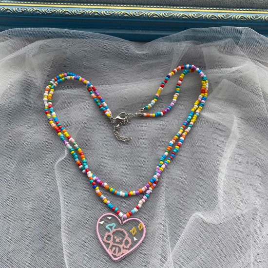 Image de Collier Multirang en Perle de Rocailles Style Bohème Multicolore Cœur Perlé 38cm long, 1 Pièce