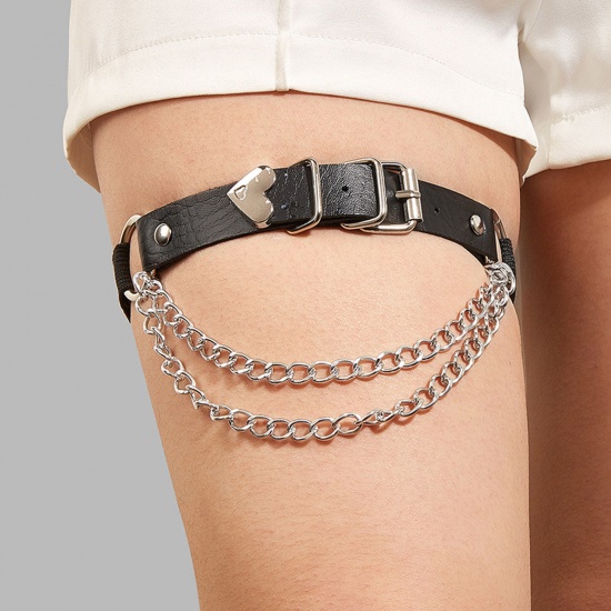Picture of PU Leather Punk Leg Body Chain Necklace Silver Tone Black Heart Adjustable 37cm - 45cm long, 1 Piece