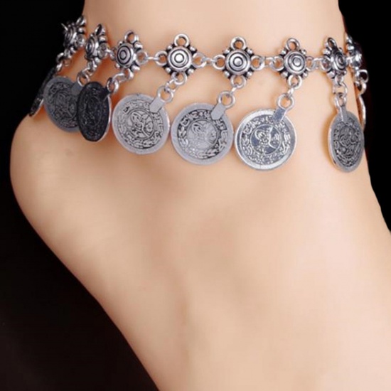 Picture of Boho Chic Bohemia Anklet Antique Silver Color Coin Tassel 20cm(7 7/8") long, 1 Piece